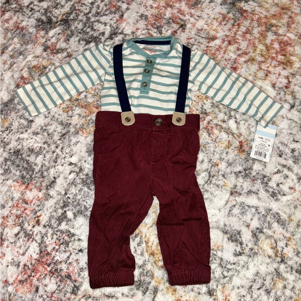 Baby Outfit with Striped Top and Burgundy Pants